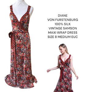 DIANE VON FURSTENBURG VINTAGE 100%‎ SILK SAMSON MAXI WRAP DRESS 8 MEDIUM EUC